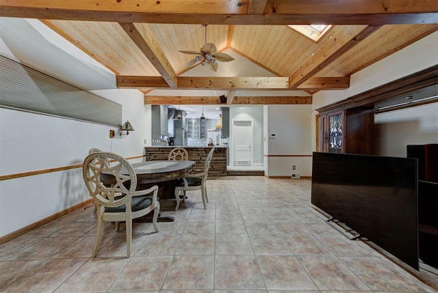 2113 N Gatewood Ave, Oklahoma City, OK 73106 - dining room featuring light tile patterned flooring, baseboards, a ceiling fan, and wooden ceiling
