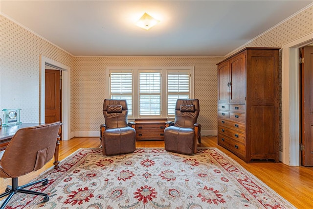 1527 NW 35th St, Oklahoma City, OK 73118 - living area featuring ornamental molding, wallpapered walls, and light wood-type flooring