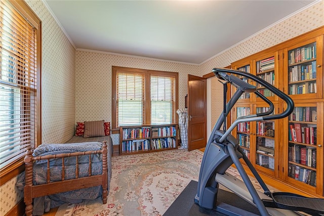 1527 NW 35th St, Oklahoma City, OK 73118 - exercise area with wallpapered walls, ornamental molding, and carpet