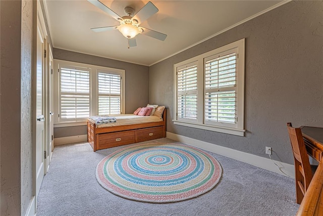 1527 NW 35th St, Oklahoma City, OK 73118 - bedroom featuring multiple windows, light colored carpet, ornamental molding, a textured wall, and baseboards