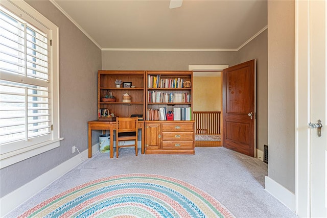 1527 NW 35th St, Oklahoma City, OK 73118 - office area featuring healthy amount of natural light, carpet flooring, ornamental molding, and baseboards