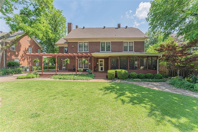 1527 NW 35th St, Oklahoma City, OK 73118 - rear view of property with a pergola, a chimney, a sunroom, a patio, and brick siding