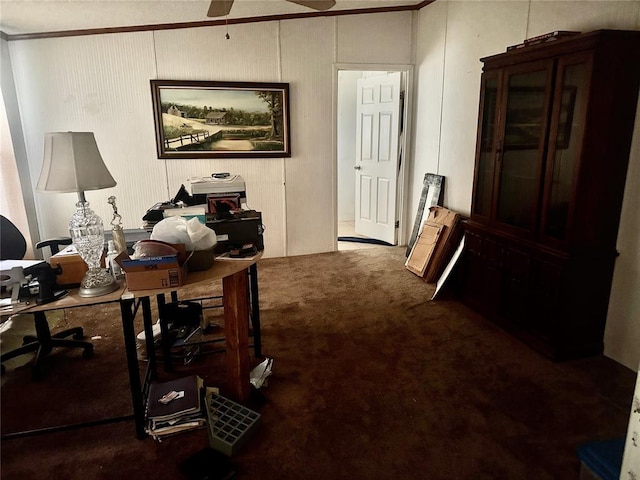 19350 8 A St, Norman, OK 73026 - carpeted home office featuring ceiling fan and crown molding