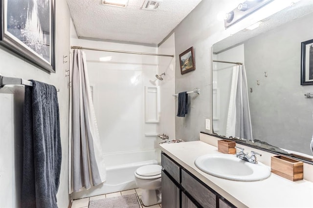 829 Douglas Dr, Norman, OK 73069 - full bath featuring tile patterned floors, toilet, a textured ceiling, shower / bath combo with shower curtain, and vanity