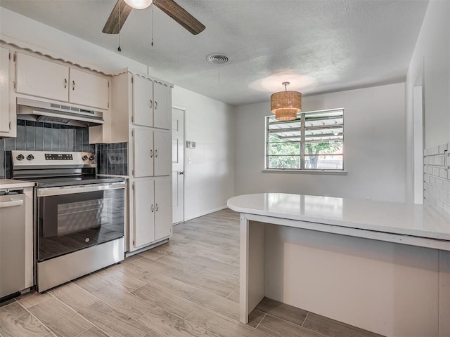 2117 SW 76th St, Oklahoma City, OK 73159 - kitchen featuring stainless steel appliances, under cabinet range hood, tasteful backsplash, light wood finished floors, and a textured ceiling