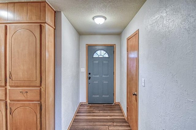 1439 Greenbriar Dr, Norman, OK 73072 - entryway with a textured wall, a textured ceiling, dark wood-style flooring, and baseboards