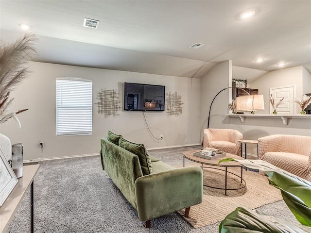 1316 Chuck Wagon Dr, El Reno, OK 73036 - living area with carpet, vaulted ceiling, baseboards, and recessed lighting