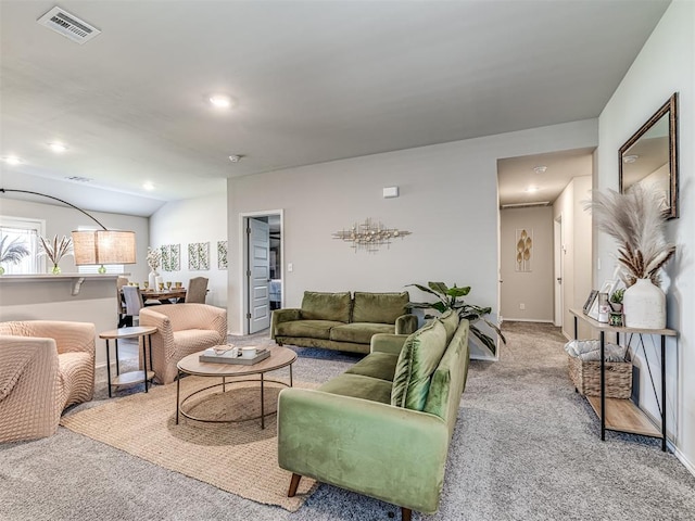 1316 Chuck Wagon Dr, El Reno, OK 73036 - living room featuring carpet floors, recessed lighting, baseboards, and vaulted ceiling