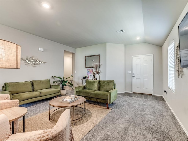 1316 Chuck Wagon Dr, El Reno, OK 73036 - living area with carpet floors, baseboards, lofted ceiling, and recessed lighting
