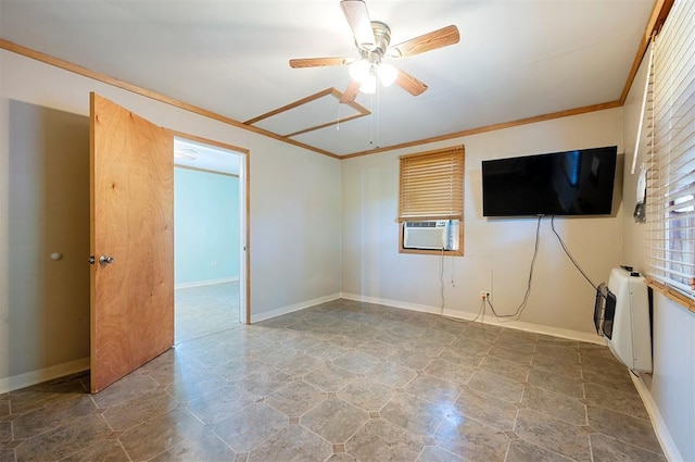431 Canoe Rd, Broken Bow, OK 74728 - empty room featuring cooling unit, stone finish floors, ceiling fan, ornamental molding, and baseboards