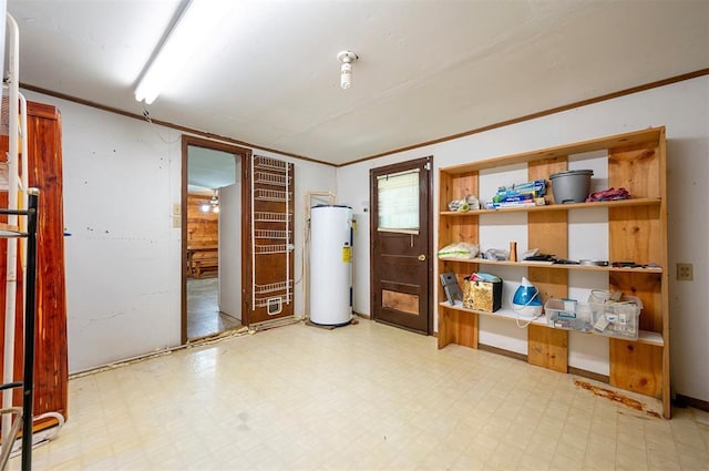 431 Canoe Rd, Broken Bow, OK 74728 - below grade area with gas water heater, tile patterned floors, and crown molding