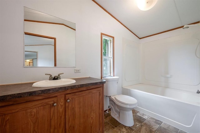 2991 Peavey Xing, Broken Bow, OK 74728 - full bathroom with lofted ceiling, vanity, toilet, shower / bathtub combination, and ornamental molding