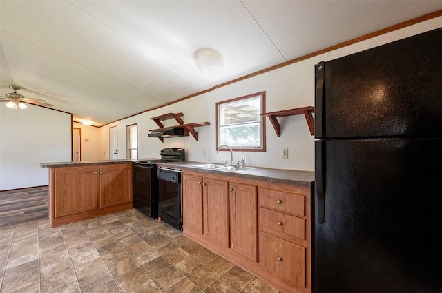 2991 Peavey Xing, Broken Bow, OK 74728 - kitchen featuring black appliances, a sink, open shelves, a peninsula, and dark countertops