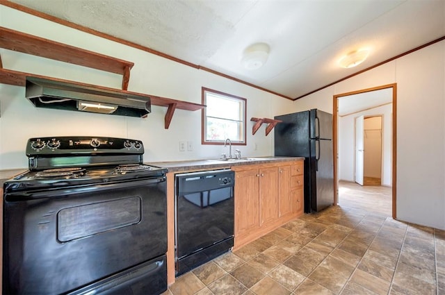 2991 Peavey Xing, Broken Bow, OK 74728 - kitchen with black appliances, ventilation hood, open shelves, crown molding, and a sink