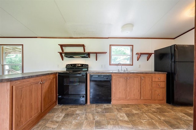 2991 Peavey Xing, Broken Bow, OK 74728 - kitchen featuring black appliances, open shelves, plenty of natural light, ventilation hood, and crown molding