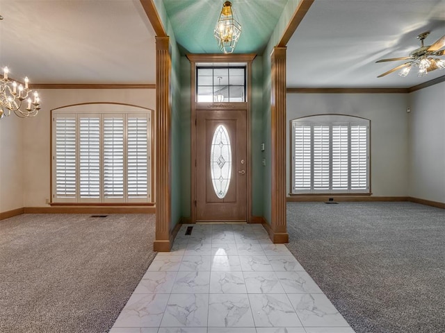 3713 Barwick Ct, Norman, OK 73072 - entrance foyer with a chandelier, carpet flooring, baseboards, ornamental molding, and ceiling fan