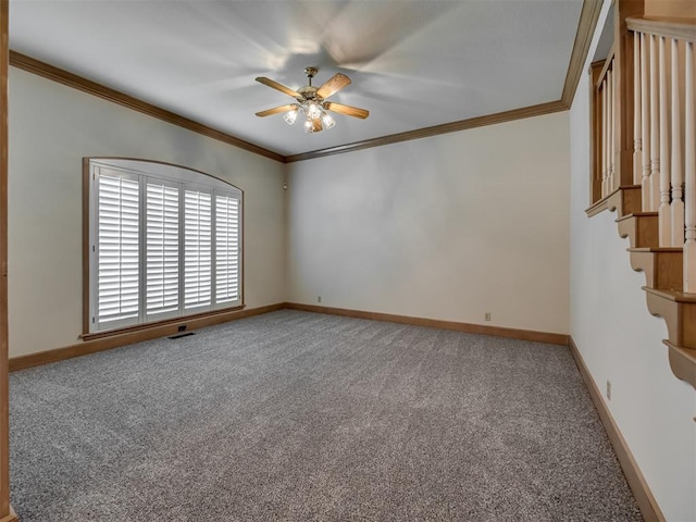 3713 Barwick Ct, Norman, OK 73072 - carpeted spare room with ornamental molding, a ceiling fan, baseboards, and stairs