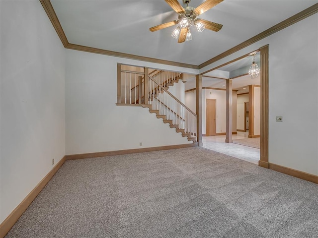 3713 Barwick Ct, Norman, OK 73072 - unfurnished room featuring ornamental molding, carpet, stairs, ceiling fan, and baseboards