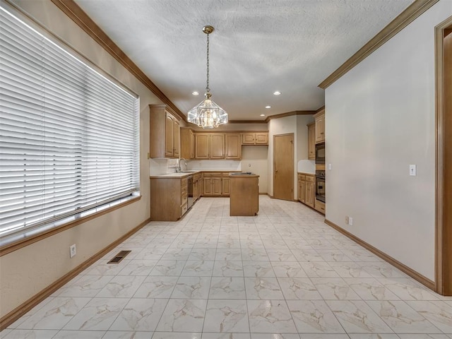 3713 Barwick Ct, Norman, OK 73072 - kitchen with a sink, crown molding, a chandelier, baseboards, and light marble finish floors