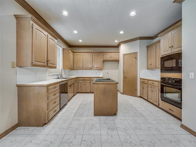 3713 Barwick Ct, Norman, OK 73072 - kitchen with black appliances, a kitchen island, light marble finish floors, baseboards, and recessed lighting