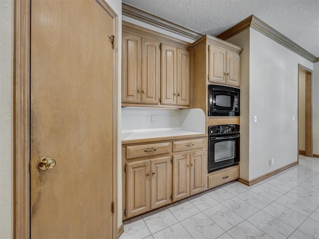 3713 Barwick Ct, Norman, OK 73072 - kitchen featuring black appliances, crown molding, light marble finish floors, light countertops, and baseboards