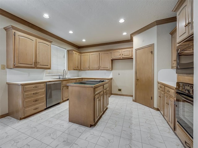 3713 Barwick Ct, Norman, OK 73072 - kitchen with black appliances, ornamental molding, light marble finish flooring, a center island, and baseboards