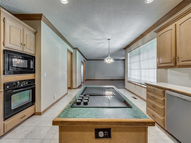 3713 Barwick Ct, Norman, OK 73072 - kitchen featuring black appliances, ornamental molding, light marble finish flooring, light brown cabinetry, and a textured ceiling
