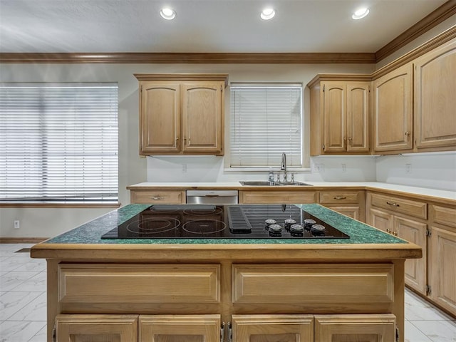 3713 Barwick Ct, Norman, OK 73072 - kitchen with a sink, light brown cabinetry, stainless steel dishwasher, black electric stovetop, and a kitchen island