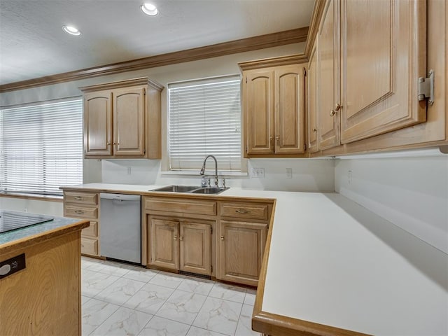 3713 Barwick Ct, Norman, OK 73072 - kitchen with stainless steel dishwasher, a sink, light brown cabinets, light marble finish flooring, and recessed lighting