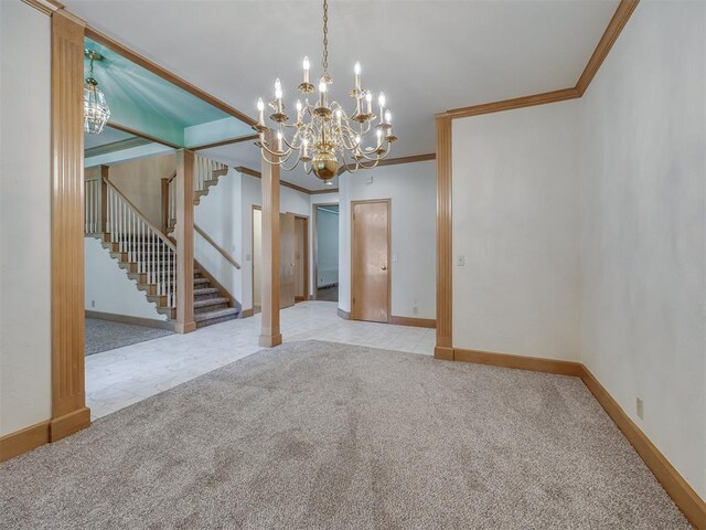 3713 Barwick Ct, Norman, OK 73072 - unfurnished room featuring ornamental molding, stairs, baseboards, a chandelier, and carpet flooring