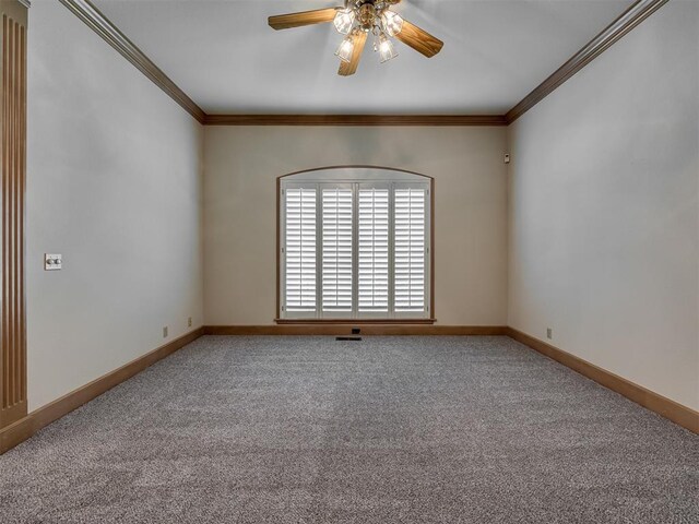 3713 Barwick Ct, Norman, OK 73072 - empty room with carpet flooring, ceiling fan, crown molding, and baseboards