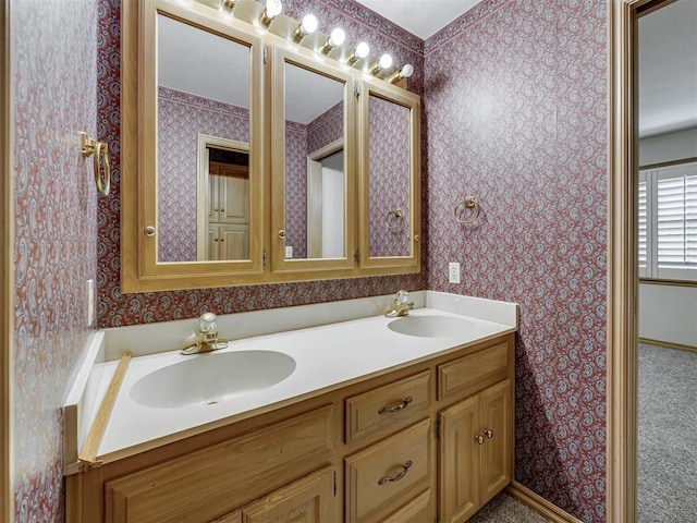3713 Barwick Ct, Norman, OK 73072 - bathroom with wallpapered walls and double vanity