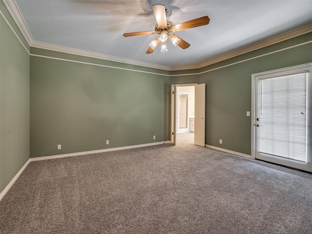 3713 Barwick Ct, Norman, OK 73072 - carpeted empty room featuring crown molding, ceiling fan, and baseboards