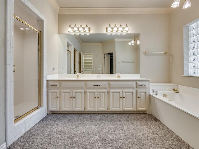 3713 Barwick Ct, Norman, OK 73072 - full bath featuring carpet, a stall shower, double vanity, ornamental molding, and a garden tub