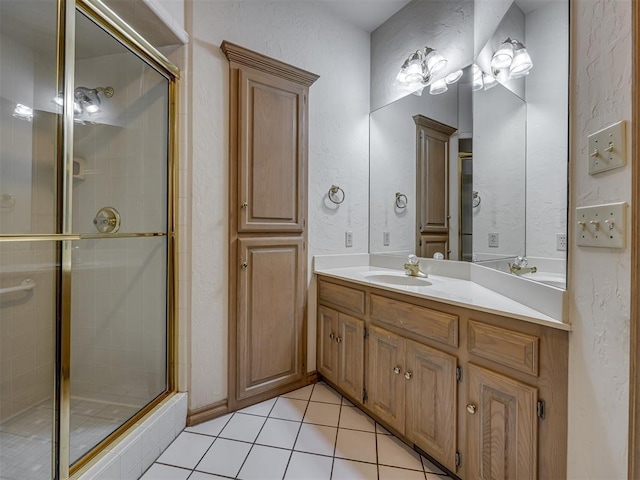 3713 Barwick Ct, Norman, OK 73072 - bathroom featuring vanity, a shower stall, tile patterned floors, and a textured wall