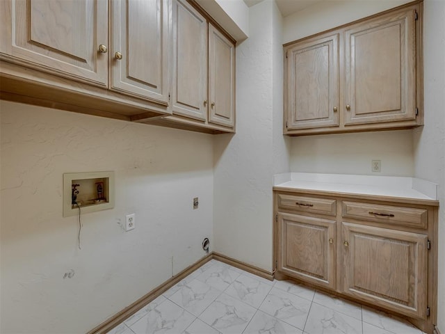 3713 Barwick Ct, Norman, OK 73072 - washroom with cabinet space, washer hookup, light marble finish floors, baseboards, and hookup for an electric dryer