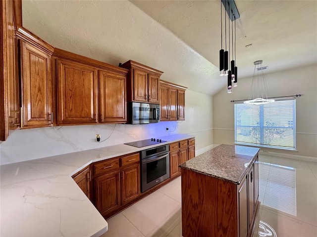 4409 Whitmere Ct, Norman, OK 73072 - kitchen featuring stainless steel appliances, lofted ceiling, brown cabinets, light stone counters, and light tile patterned floors