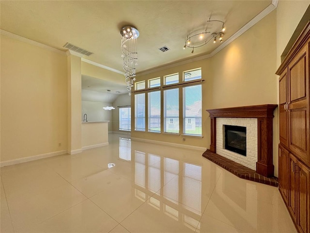 4409 Whitmere Ct, Norman, OK 73072 - unfurnished living room with ornamental molding, light tile patterned floors, a chandelier, and a fireplace