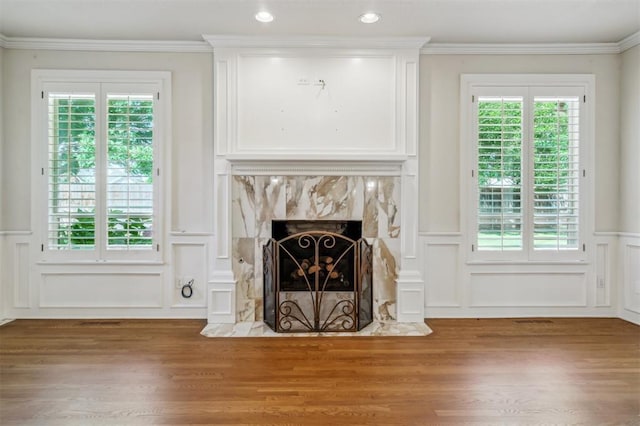 4609 Summerfield Ct, Norman, OK 73072 - detailed view of a decorative wall, wood finished floors, wainscoting, crown molding, and a high end fireplace