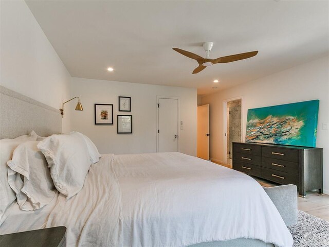 4107 Northhampton Dr, Norman, OK 73072 - bedroom with light wood-style floors, ceiling fan, and recessed lighting
