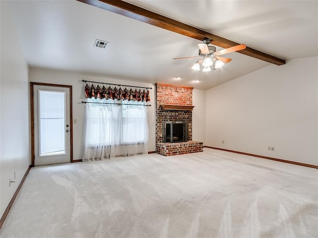 7204 Walnut Creek Dr, Oklahoma City, OK 73142 - unfurnished living room featuring light carpet, a ceiling fan, and a fireplace