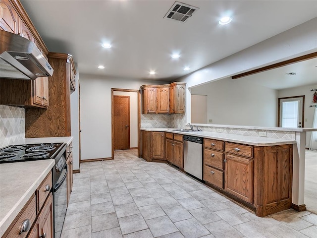 7204 Walnut Creek Dr, Oklahoma City, OK 73142 - kitchen with stainless steel dishwasher, a peninsula, range hood, electric range, and decorative backsplash