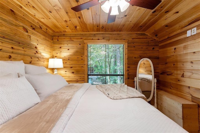 185 Marlin Dr, Broken Bow, OK 74728 - bedroom with wooden walls, wooden ceiling, ceiling fan, and vaulted ceiling