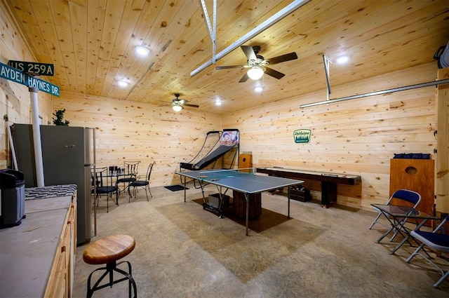 185 Marlin Dr, Broken Bow, OK 74728 - recreation room with wooden ceiling, concrete floors, a ceiling fan, wood walls, and recessed lighting
