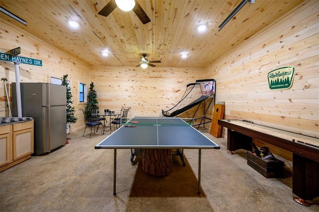 185 Marlin Dr, Broken Bow, OK 74728 - game room featuring ceiling fan, concrete flooring, wooden walls, and recessed lighting