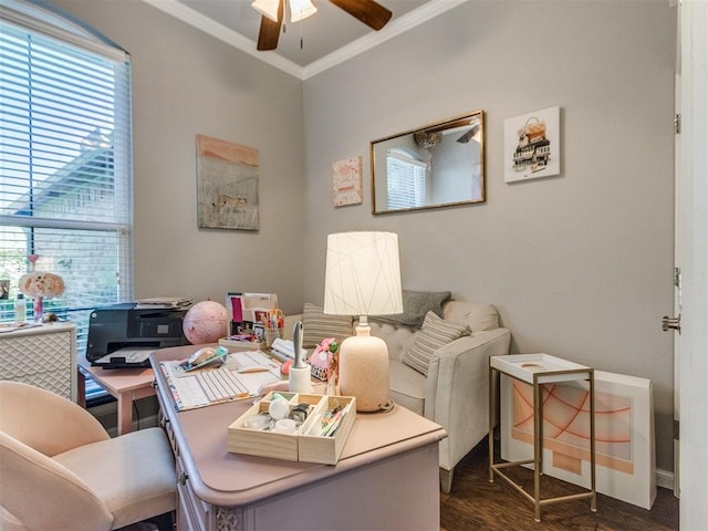 17217 Prado Dr, Oklahoma City, OK 73170 - office space with a ceiling fan, ornamental molding, and dark wood-type flooring