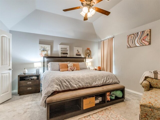 17217 Prado Dr, Oklahoma City, OK 73170 - bedroom with carpet floors, lofted ceiling, baseboards, and ceiling fan