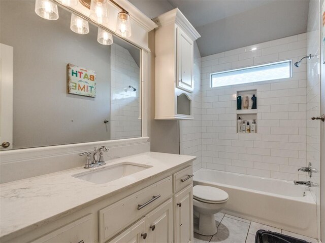 17217 Prado Dr, Oklahoma City, OK 73170 - bathroom with vanity, toilet,  shower combination, and tile patterned floors