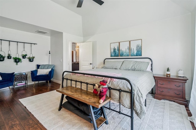 908 Carol Ann Pl, Moore, OK 73160 - bedroom with wood finished floors, a ceiling fan, and lofted ceiling