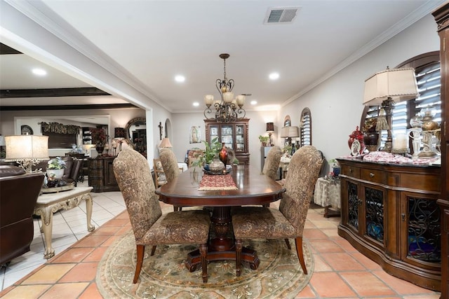 5108 NW 19th Ter, Oklahoma City, OK 73127 - dining room with a chandelier, recessed lighting, ornamental molding, and light tile patterned floors